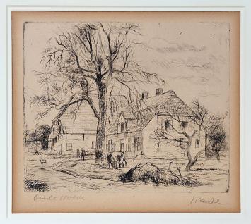 De oude hoeve, een ets van Jules Van Ael in kader