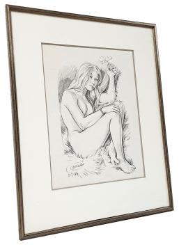 Tekening, Dame spelend met een bloempje 1980