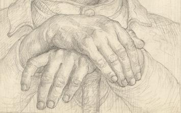 Tekening W, luisterende man steunend op een stok