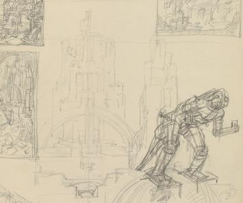 Futuristische stad en robot van Van Dooren