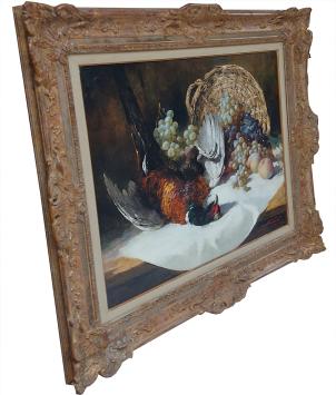 Stilleven, Jachttafereel met fazant en blauwe en witte druiven