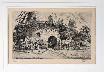 Molen Boechout, een ets van Jules Van Ael in kader