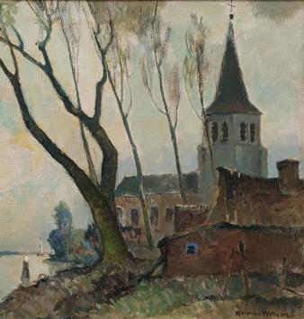 Kunstenaar Herman Verbaere met een olieverfschilderij