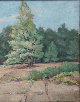 Emeri Vercruyssen met een olieverf schilderij uit 1937