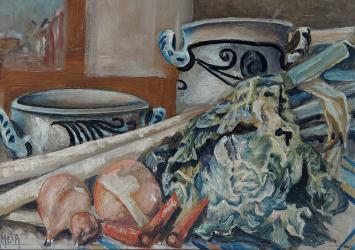 De Belgische kunstschilder Alfons Vermeir met een schilderij