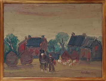 Alfons Vermeir met schilderij op bord geschilderd