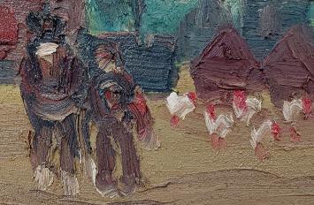 De Belgische kunstschilder Alfons Vermeir met een schilderij (pastueus)