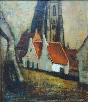 Tableau “De witte huisjes aan de kerk te Damme” (vers 1960) de Gerard Vermeersch, avec maisonnettes blanches et clocher.