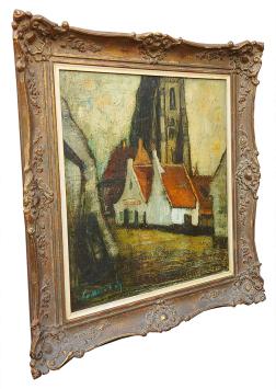 De witte huisjes aan de kerk te Damme – Oil on canvas – Gerard Vermeersch