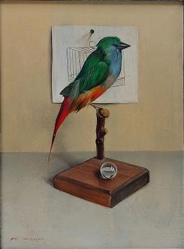 Still life with bird, cage and marble – Pol Verswijver – oil on panel