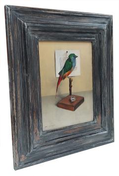 Still Life with Bird, Cage and Marble – oil on panel by Pol Verswijver (1949)