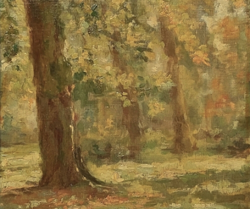 Victor Dooms met een schilderij op paneel geschilderd