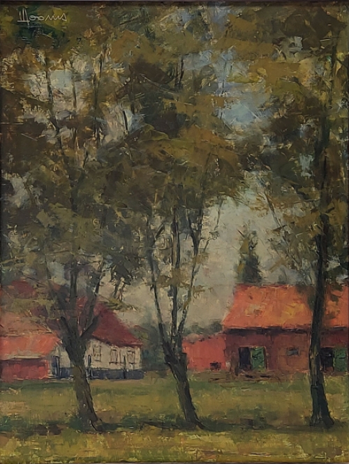 Victor Dooms met een schilderij op paneel geschilderd