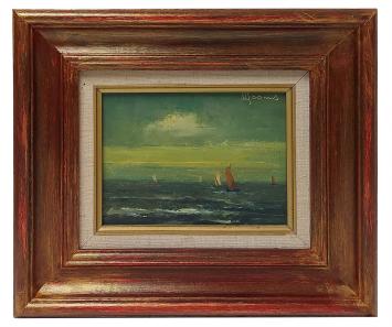 Zeezicht met kleine zeilboten bij avondlicht, schilderij op paneel door Victor Dooms, in houten lijst.