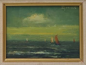 Vue marine avec voiliers au coucher du soleil, peinture sur panneau signée Victor Dooms.