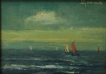 Seascape with sailboats under yellow-lit sky, oil painting on panel by Victor Dooms in wooden frame.