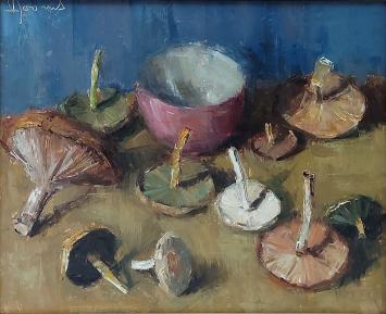 Victor Dooms met een schilderij met paddenstoelen