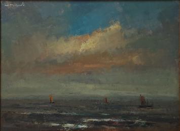 Victor Dooms met een schilderij op paneel geschilderd
