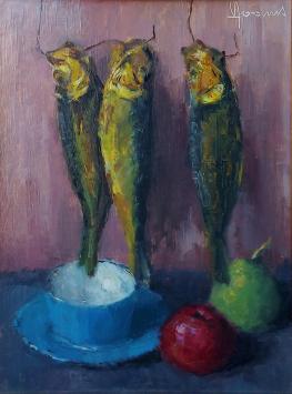 Victor Dooms met een schilderij, haringen en fruit