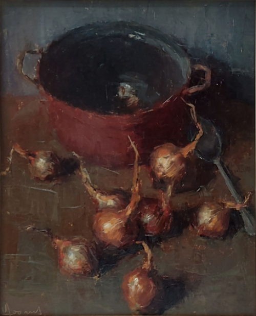 Victor Dooms met een schilderij op paneel