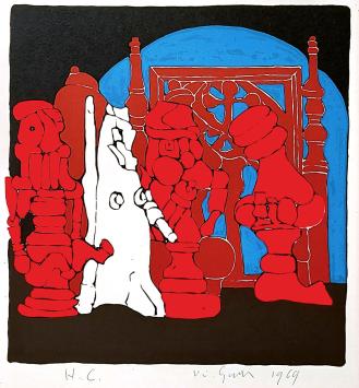 De Belgische kunstenaar Vic Gentils met een kunstwerk in kader