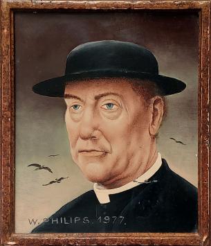 Portrait of a priest wearing a black hat, painted by Walter Philips in 1977, enamel on panel, with original frame.