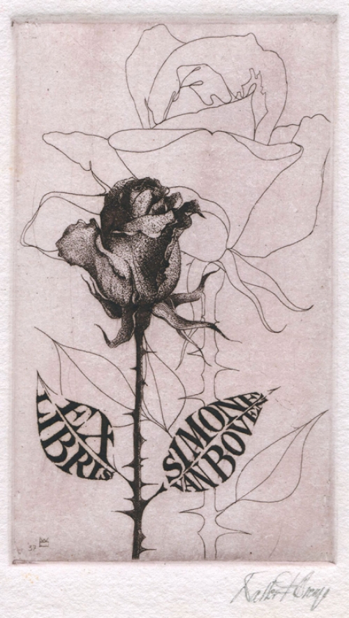 Walter F. Brems met een ex libris, een ets