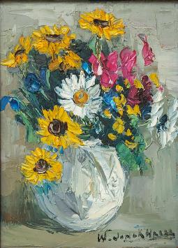 De Belgische schilder Walter Jonckheere met een vaasje met bloemen