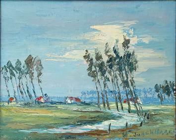 De Belgische schilder Walter Jonckheere met een olieverfschilderijtje