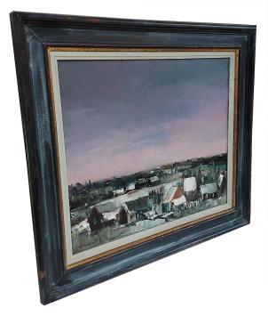 Landschap met paars-roze lucht, sneeuw in aantocht