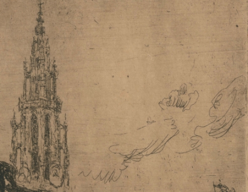 Walter Vaes met een ets, de kathedraal