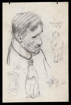 Studie, zelfportret hand 3 hoofden en studieblad