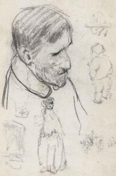 Studie, zelfportret hand 3 hoofden en studieblad