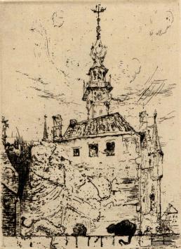 Antwerpse etser Walter Vaes met een ets van Veere