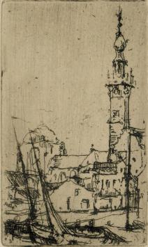 Antwerpse etser Walter Vaes met een ets van Veere