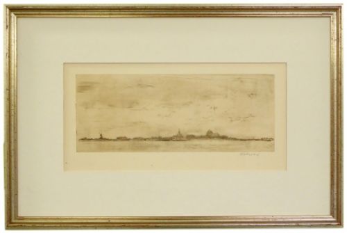 getekende Ets van Walter Vaes Veere vanaf Camperland