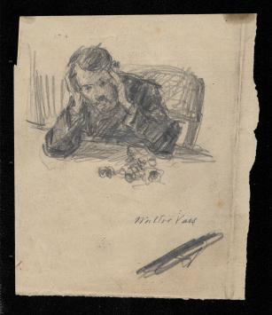 Walter Vaes met een tekening in potlood