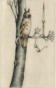 Margot Weemaes met een gravure van een uil, spreekwoord