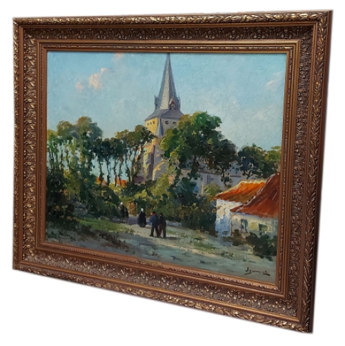 Dorpsgezicht, mensen naar de kerk