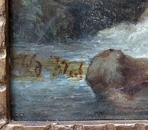 Romantisch landschap met riviertje en een wandelaar