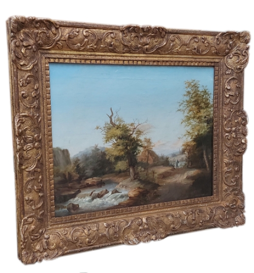 Romantisch landschap met riviertje en een wandelaar