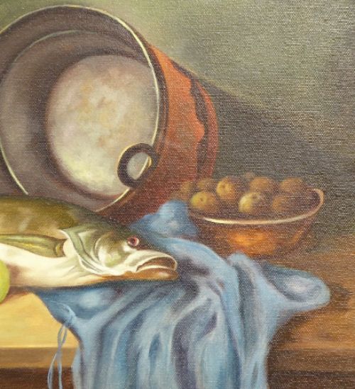 Stilleven met vis kom en fles