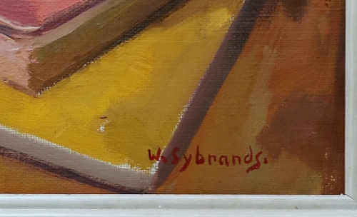 Stilleven met vaasje, sinaas, boek en penselen