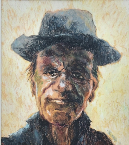 Wim Sobrie met een schilderijtje op papier