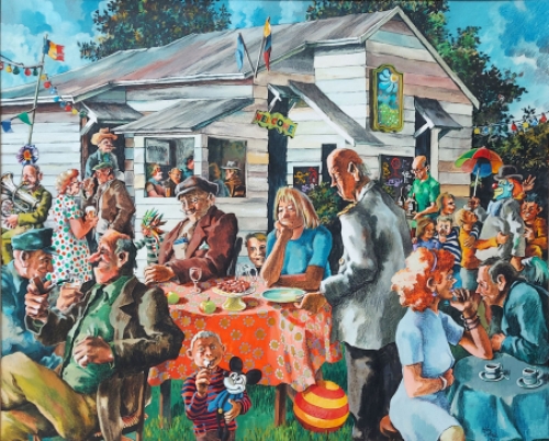 Wim Sobrie met een schilderijtje op papier