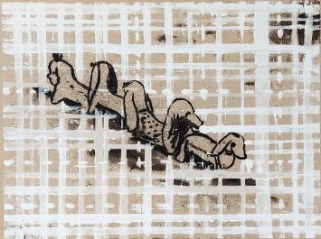 De hedendaagse kunstenaar Werner Mannaers met een grafisch kunstwerk