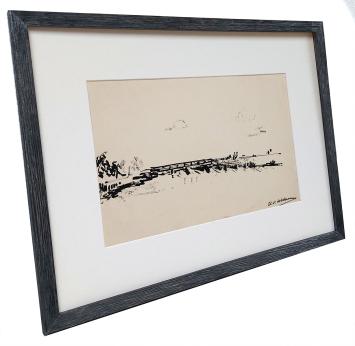 Tekening, Spoorwegbrug in het weidse landschap