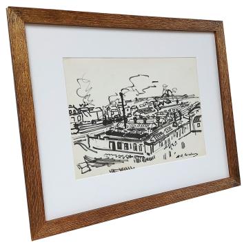 Tekening, de fabriek aan het spoor