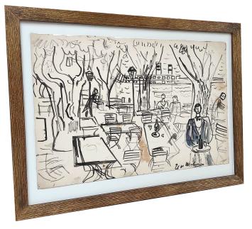 Tekening, mensen op het terras