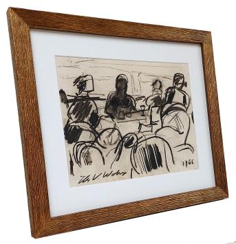 Houtskooltekening, met vrienden aan tafel 1966